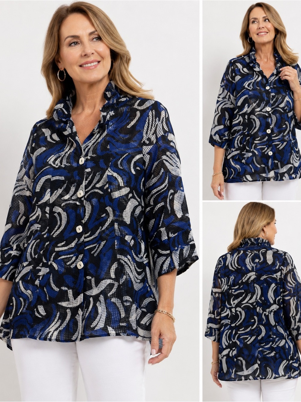 Vintage IC COLLECTION Blue & Black Abstract Button-Front Tunic size L